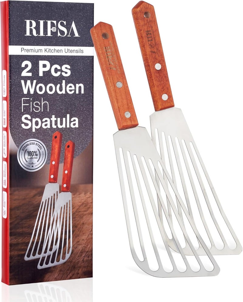 Rifsa Fish Spatula Stainless Steel 2 Slotted Fish Spatulas for Nonstick Cookware - Elegant Silver Finish Turner Spatula with Ergonomic Wooden Grip Size 11” Blade Ideal for Home and Professional Chefs - Image 1